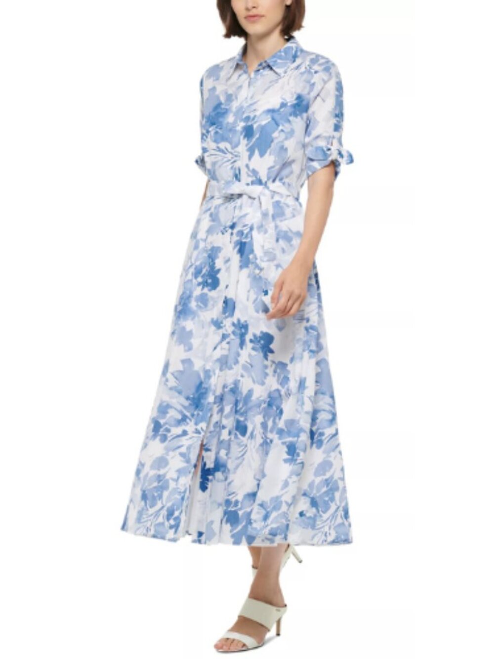 Calvin Klein Blue White Floral Shirt Dress V Neck Belted Dress Formal Size 6 - Picture 4 of 13
